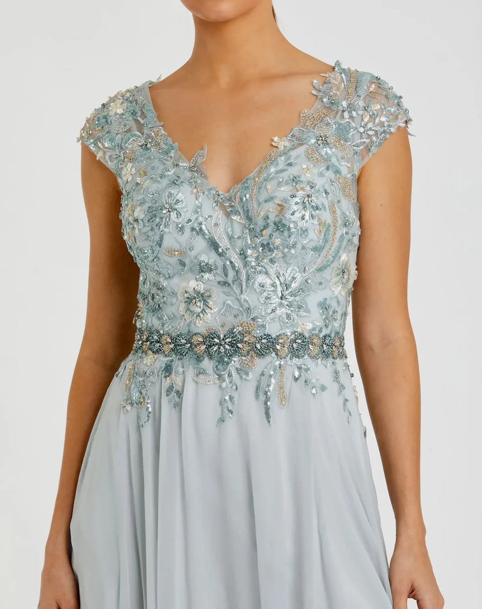 Mac Duggal 79365 Embellished Chiffon Cap Sleeve A-Line Gown | FOSTANI