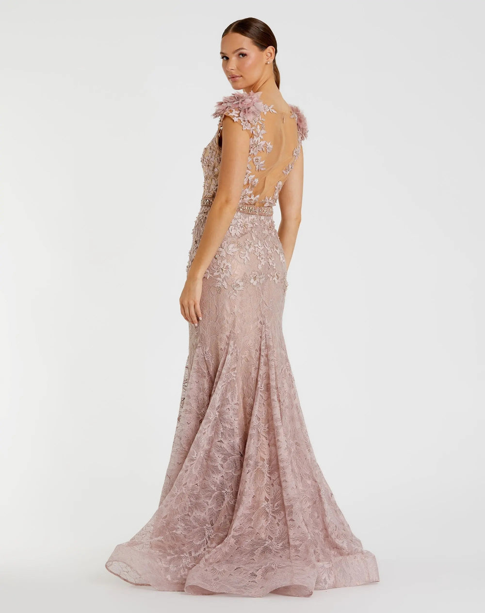 Pink Illusion Bodice Embroidered Trumpet Gown - FOSTANI.com