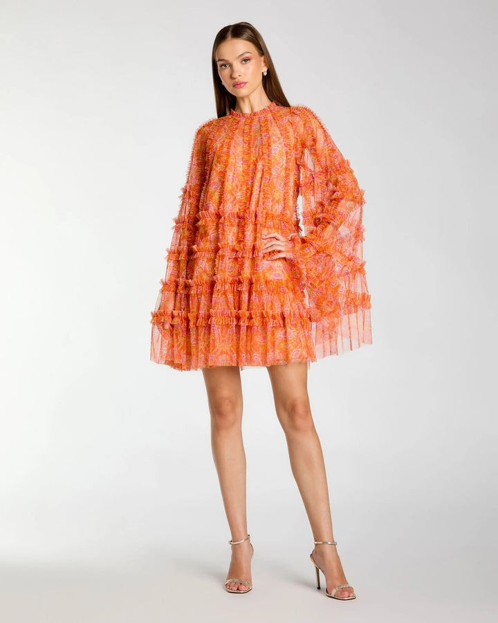 Mac Duggal 8007 Orange Floral Ruffle Long Sleeve Mini Dress - FOSTANI.com