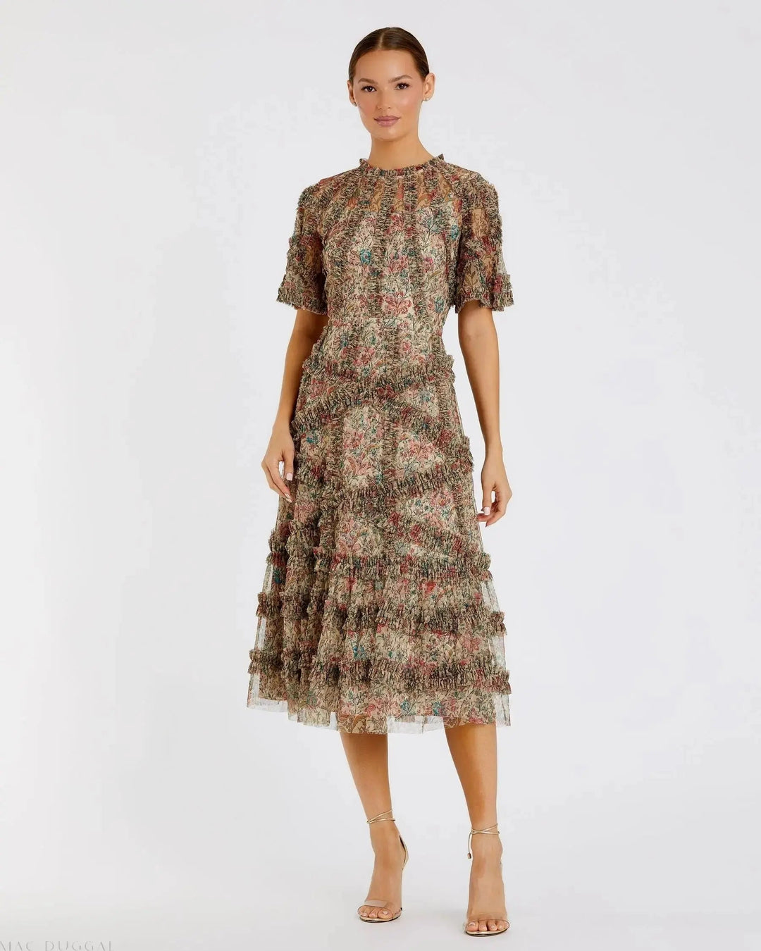 Beige Floral Midi Dress with Ruffle Detailing - FOSTANI.com