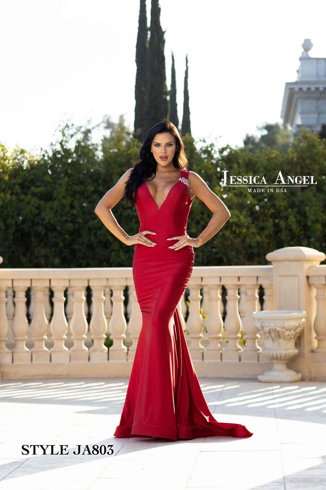 Jessica Angel 803 halter V-neck jersey gown with slit front view