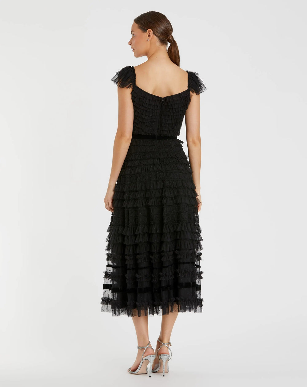 Mac Duggal 8054 Ruffle Strap Square Neck Tiered Midi Dress