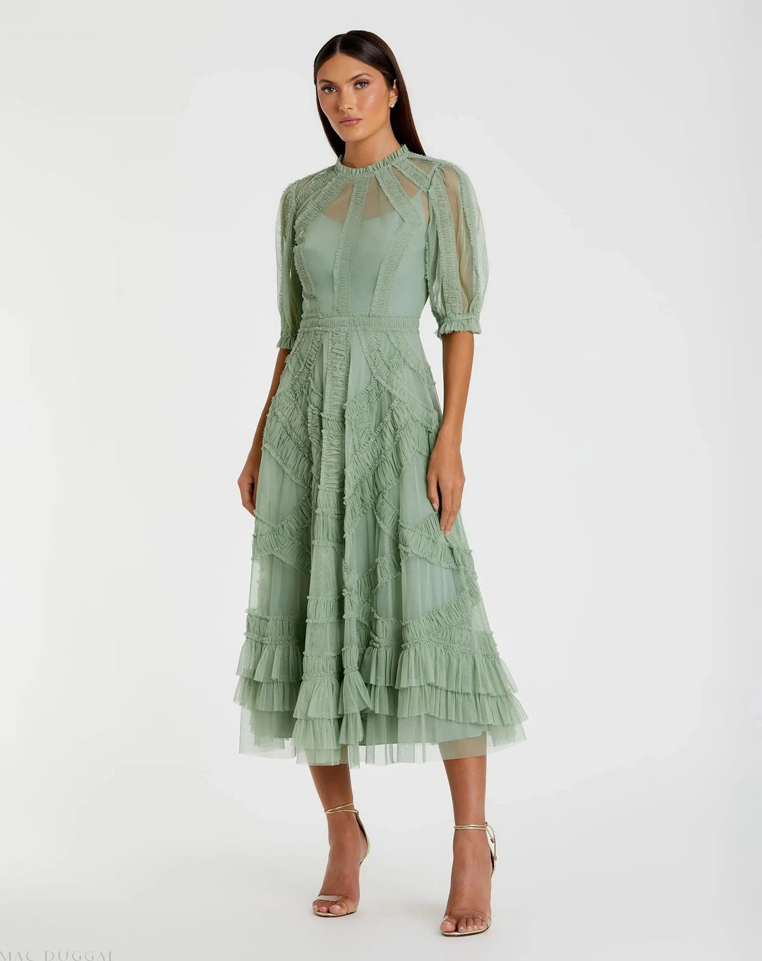 Mac Duggal 998058P High Neck Micro Ruffle Tiered Midi Dress - FOSTANI.com