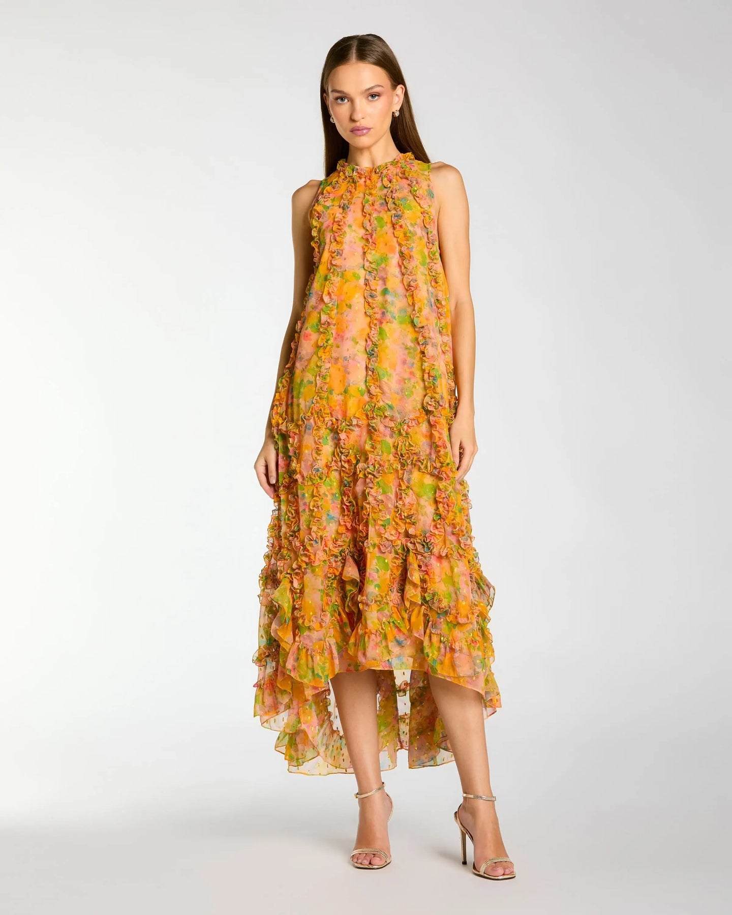 Yellow Sleeveless Floral Micro Ruffle Trapeze Midi Dress