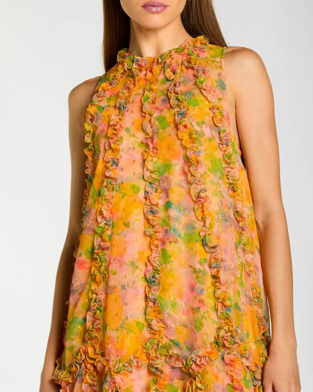 Mac Duggal - Yellow Sleeveless Floral Micro Ruffle Trapeze Midi Dress