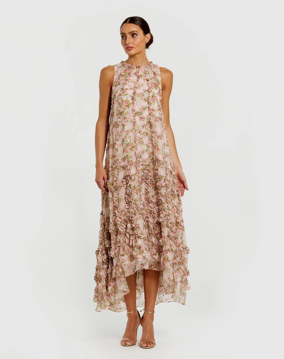 Mac Duggal 8103 Pink Sleeveless Floral Micro Ruffle Trapeze Midi Dress - FOSTANI.com