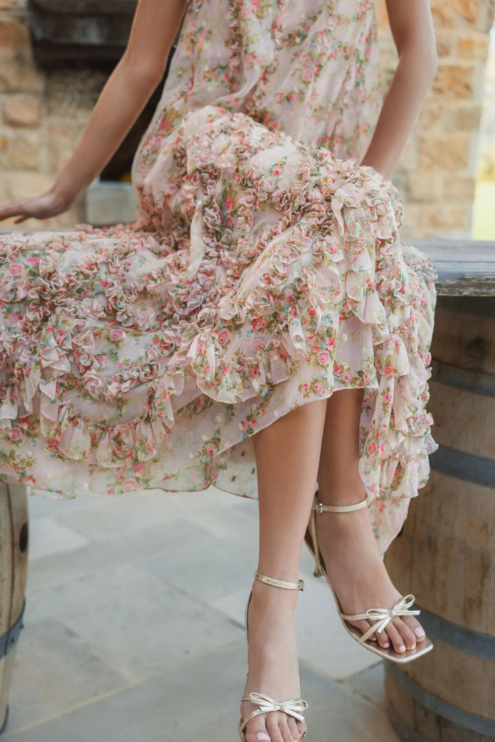 Mac Duggal 8103 Pink Sleeveless Floral Micro Ruffle Trapeze Midi Dress - FOSTANI.com