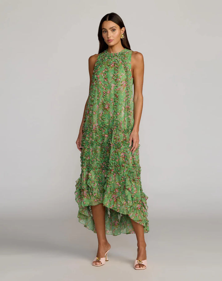 Mac Duggal 8103 Sleeveless Floral Micro Ruffle Trapeze Midi Dress - FOSTANI.com