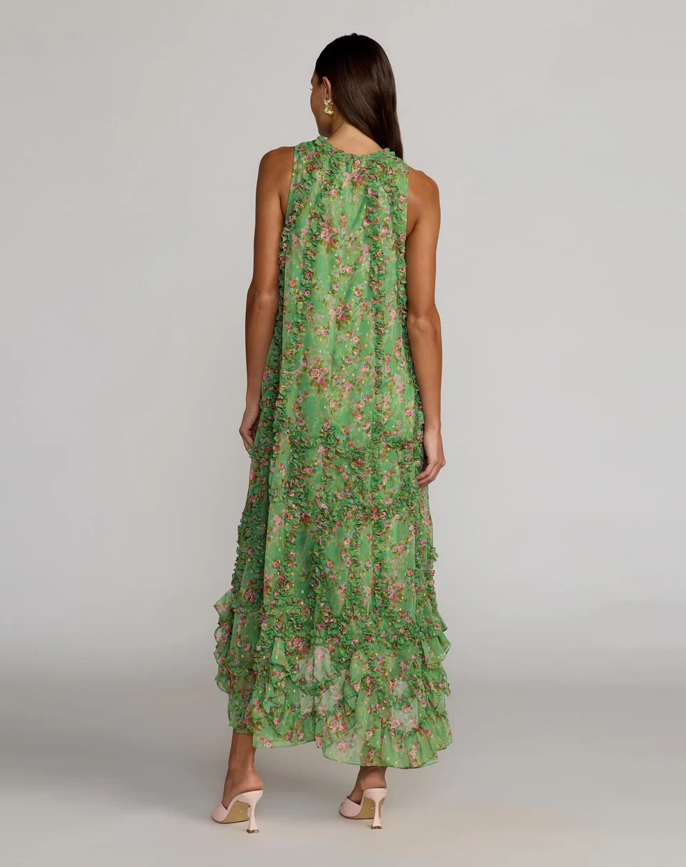 Mac Duggal 8103 Sleeveless Floral Micro Ruffle Trapeze Midi Dress - FOSTANI.com