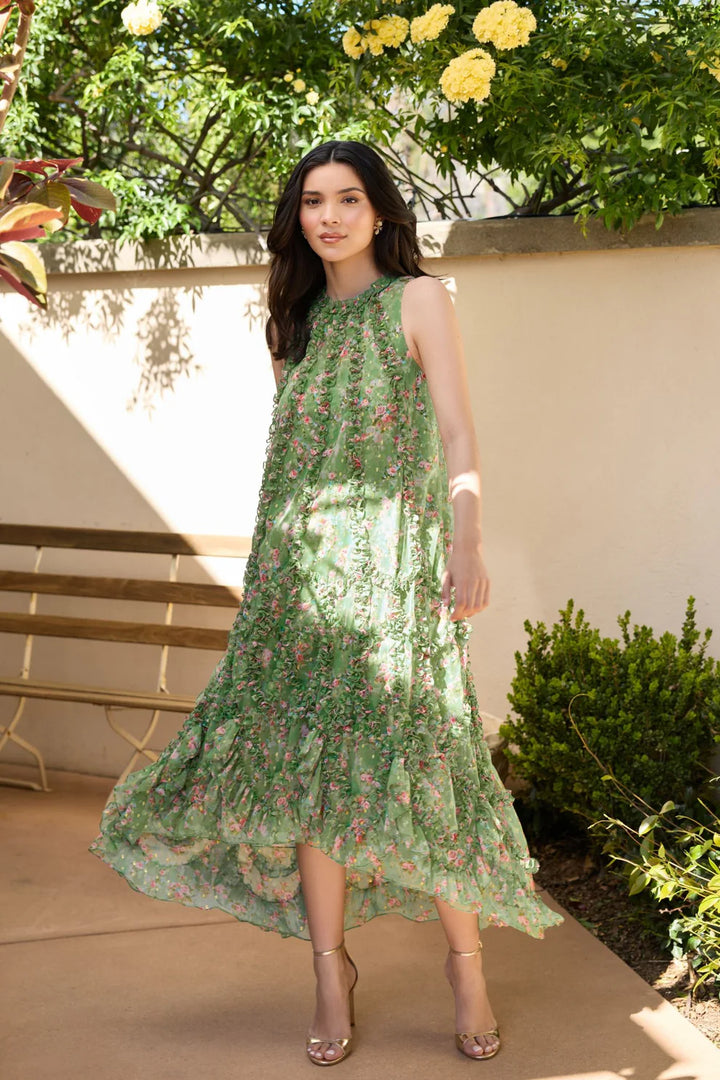 Mac Duggal 8103 Sleeveless Floral Micro Ruffle Trapeze Midi Dress - FOSTANI.com
