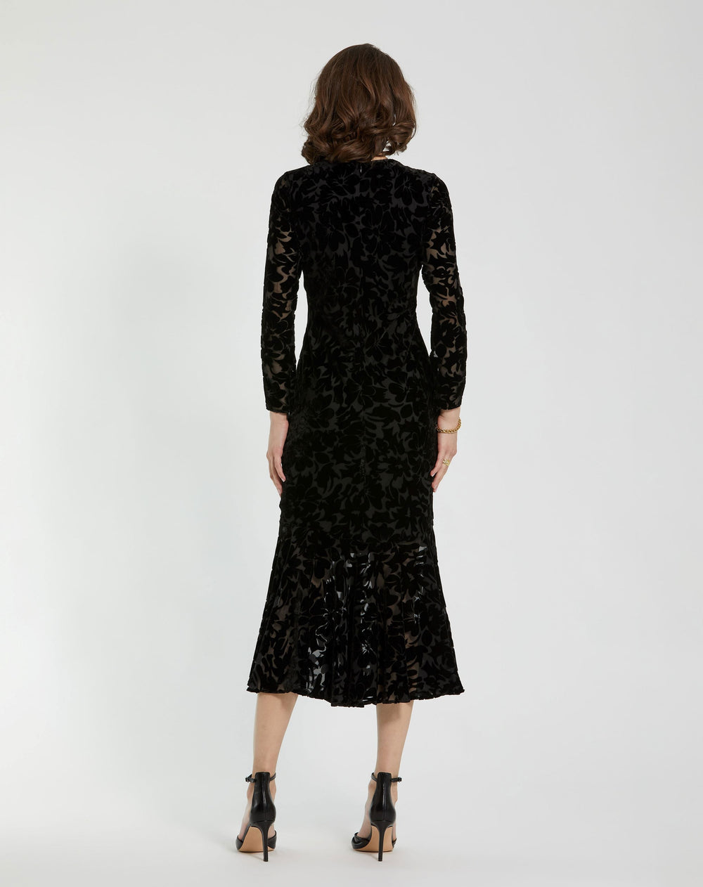 Mac Duggal Women's Burnout Velvet Long Sleeve Ruffle Hem Midi Dress - Black - Size 18 Mac Duggal Women's Burnout Velvet Long Sleeve Ruffle Hem Midi Dress - Black - Size 18