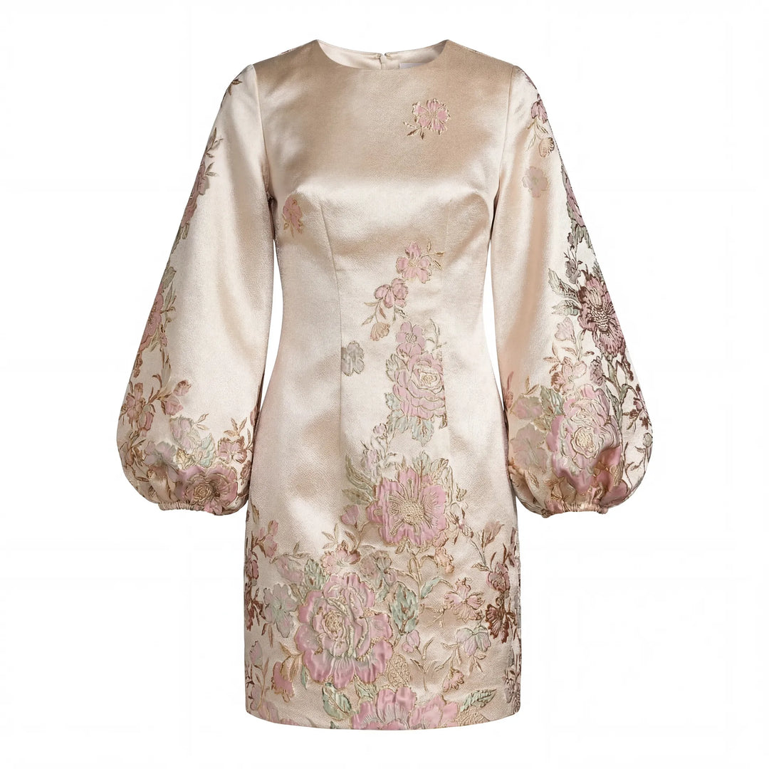 Mac Duggal 21256 Ivory Brocade High Neck Long Sleeve Mini Dress