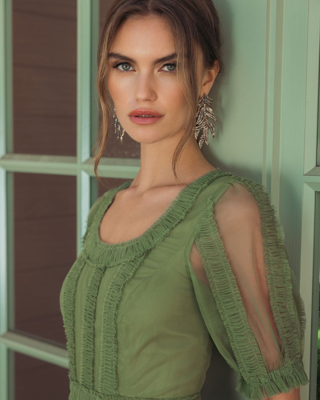 Green Short Sleeve Micro Ruffle Midi Dress - FOSTANI.com