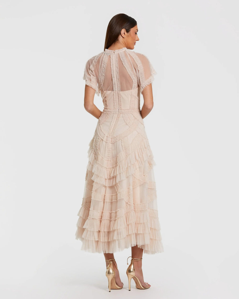 Pink Flutter Sleeve Micro Ruffle Midi Dress - FOSTANI.com