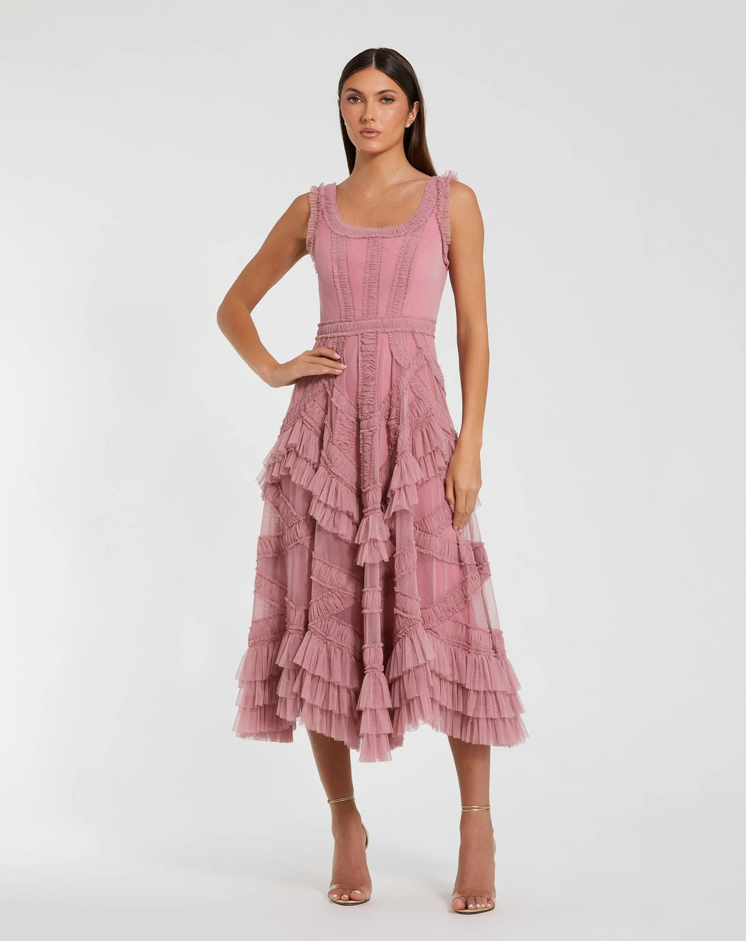 Pink Scoop Neck Sleeveless Micro Ruffle Midi Dress - FOSTANI.com
