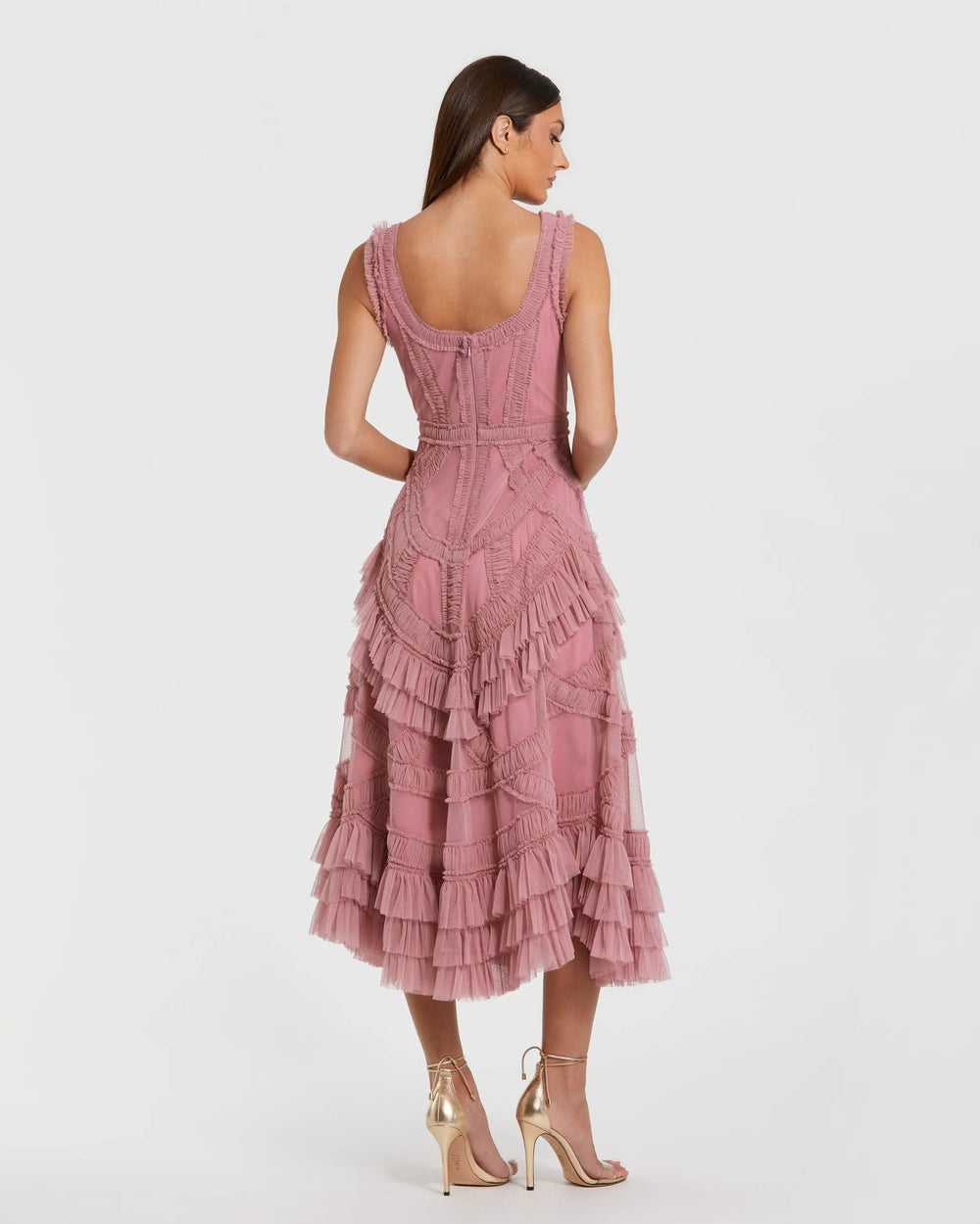 Pink Scoop Neck Sleeveless Micro Ruffle Midi Dress - FOSTANI.com