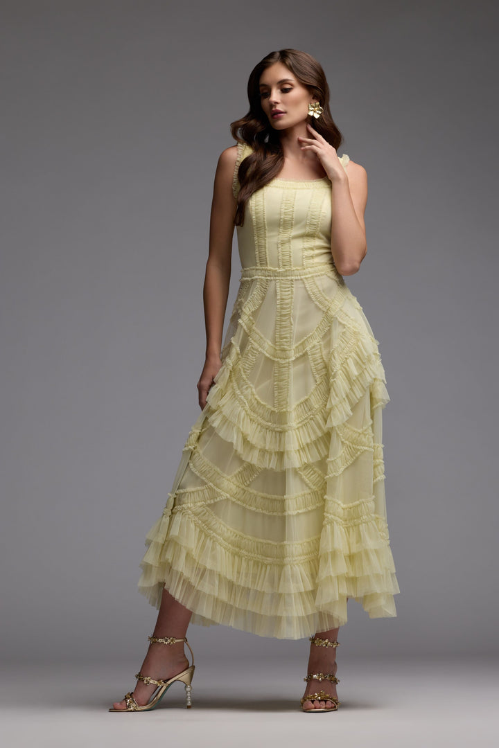 Yellow Scoop Neck Sleeveless Micro Ruffle Midi Dress - FOSTANI.com