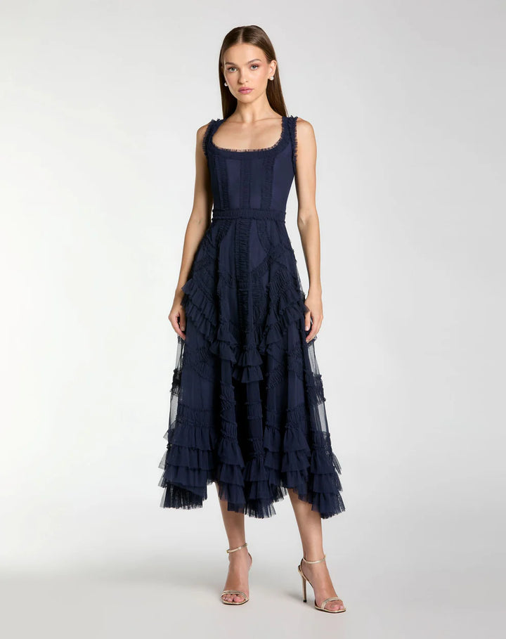Mac Duggal 8250 Scoop Neck Sleeveless A-Line Ruffle Midi Dress