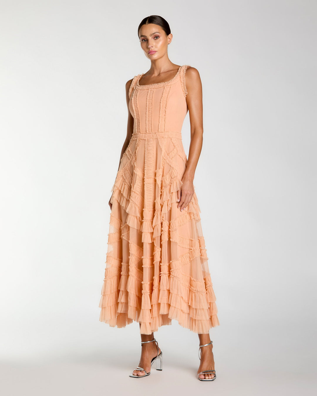 Orange Scoop Neck Sleeveless Micro Ruffle Midi Dress - FOSTANI.com