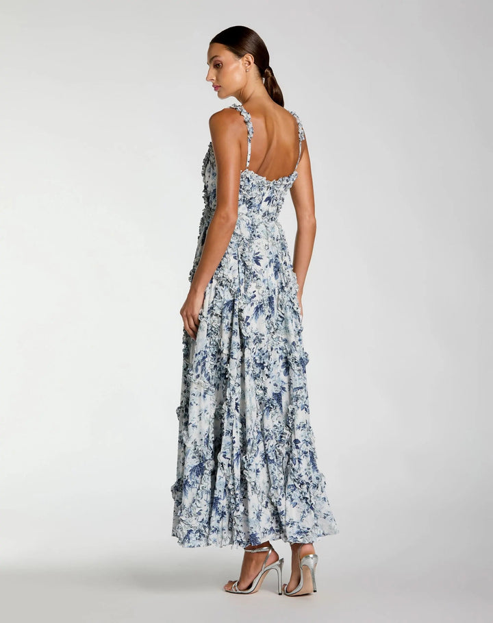 Blue and White Ruffle Scoop Neck Floral A-Line Dress - FOSTANI.com