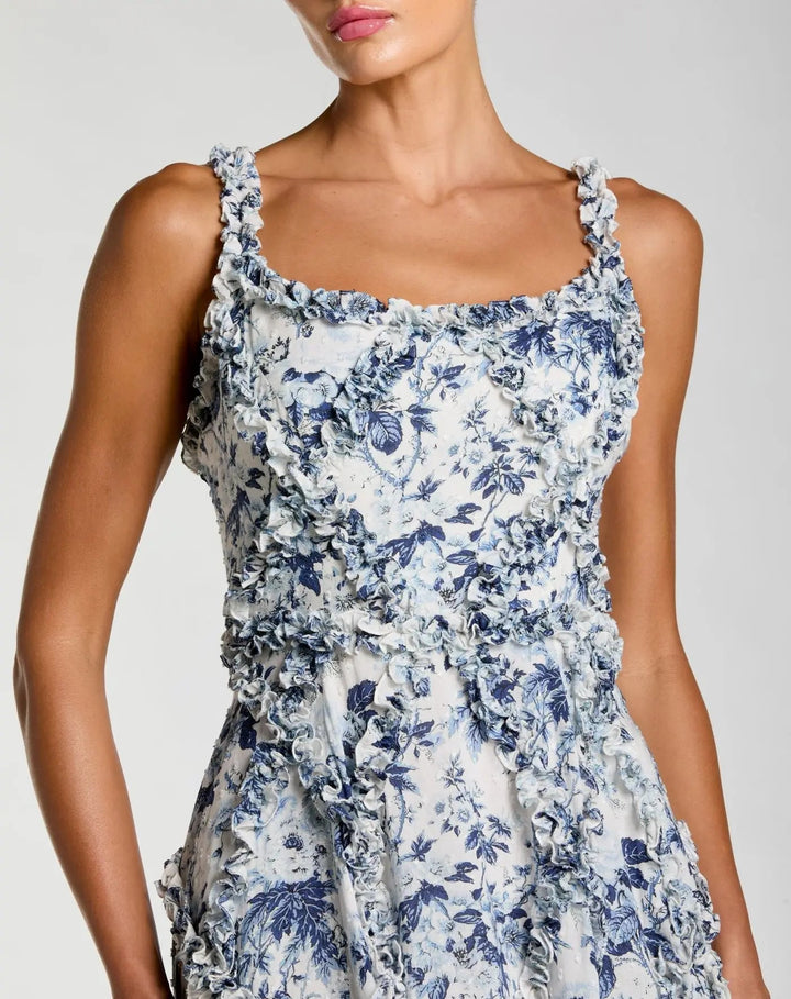 Blue and White Ruffle Scoop Neck Floral A-Line Dress - FOSTANI.com