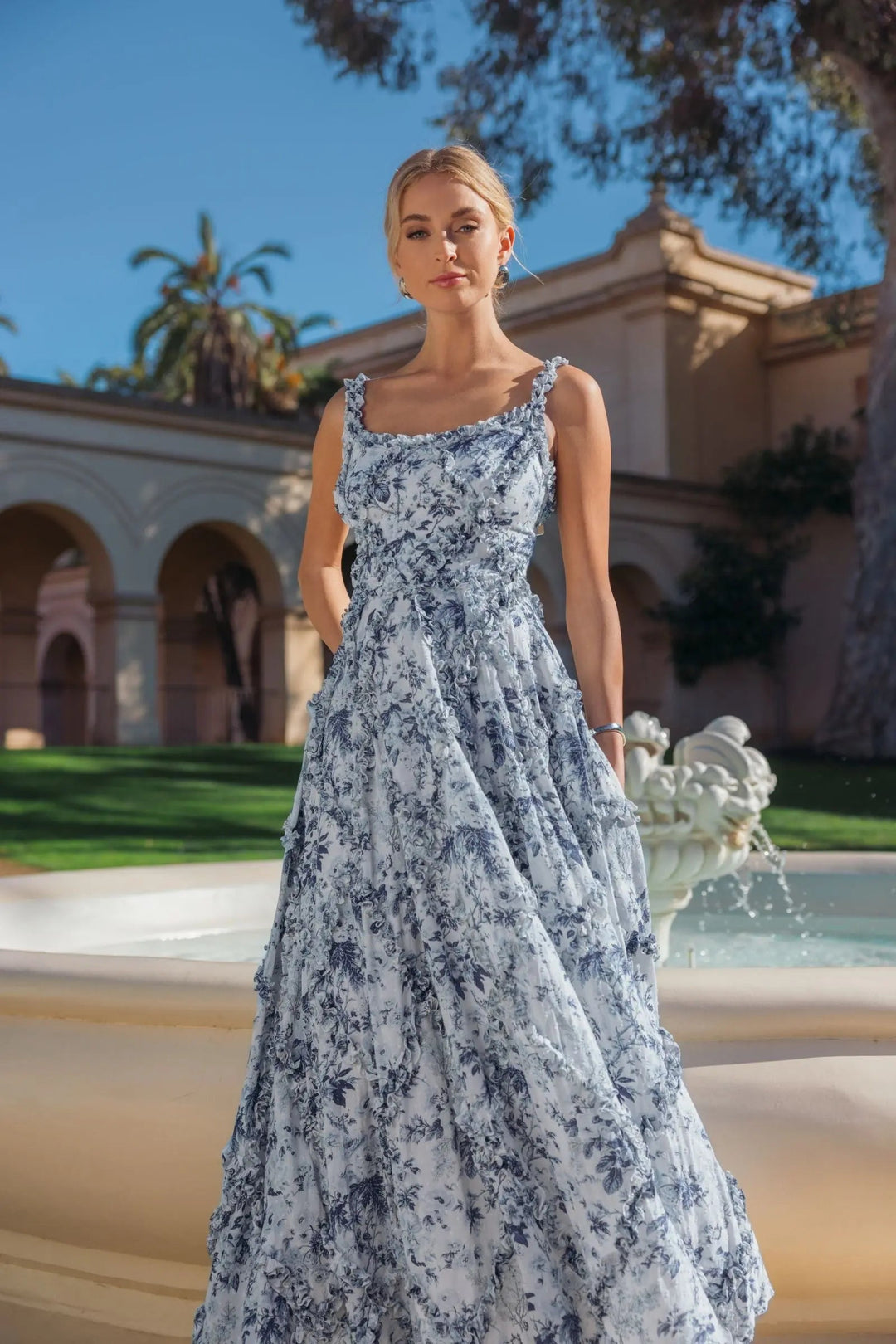 Blue and White Ruffle Scoop Neck Floral A-Line Dress - FOSTANI.com