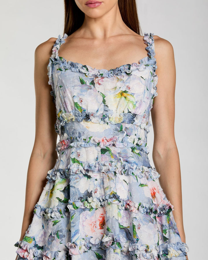 Blue Floral Square Neck Ruffled Cotton Mini Dress - FOSTANI.com