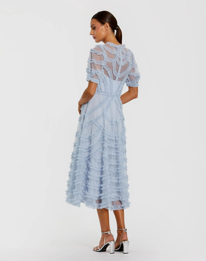 Blue High Neck Short Sleeve Ruffled Midi Dress - FOSTANI.com
