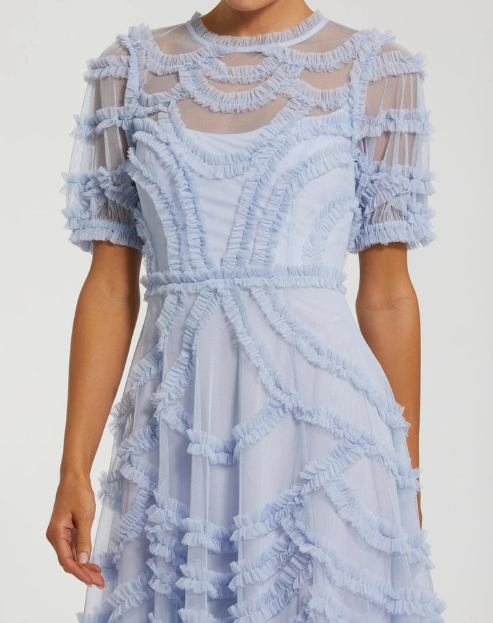 Blue High Neck Short Sleeve Ruffled Midi Dress - FOSTANI.com