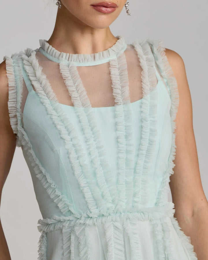 Light Blue High Neck Sleeveless Micro Ruffle Mini Dress - FOSTANI.com