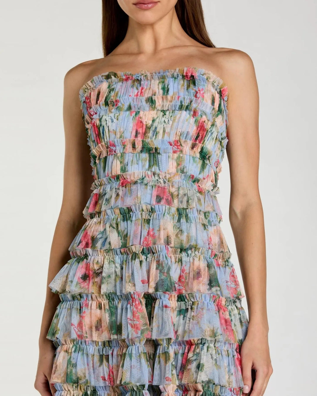 Blue Floral Strapless Ruffle Maxi Dress - FOSTANI.com