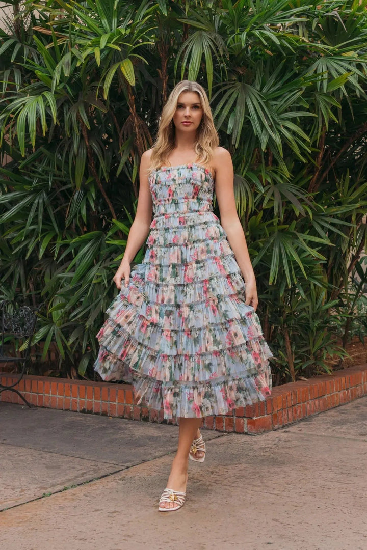 Blue Floral Strapless Ruffle Maxi Dress - FOSTANI.com