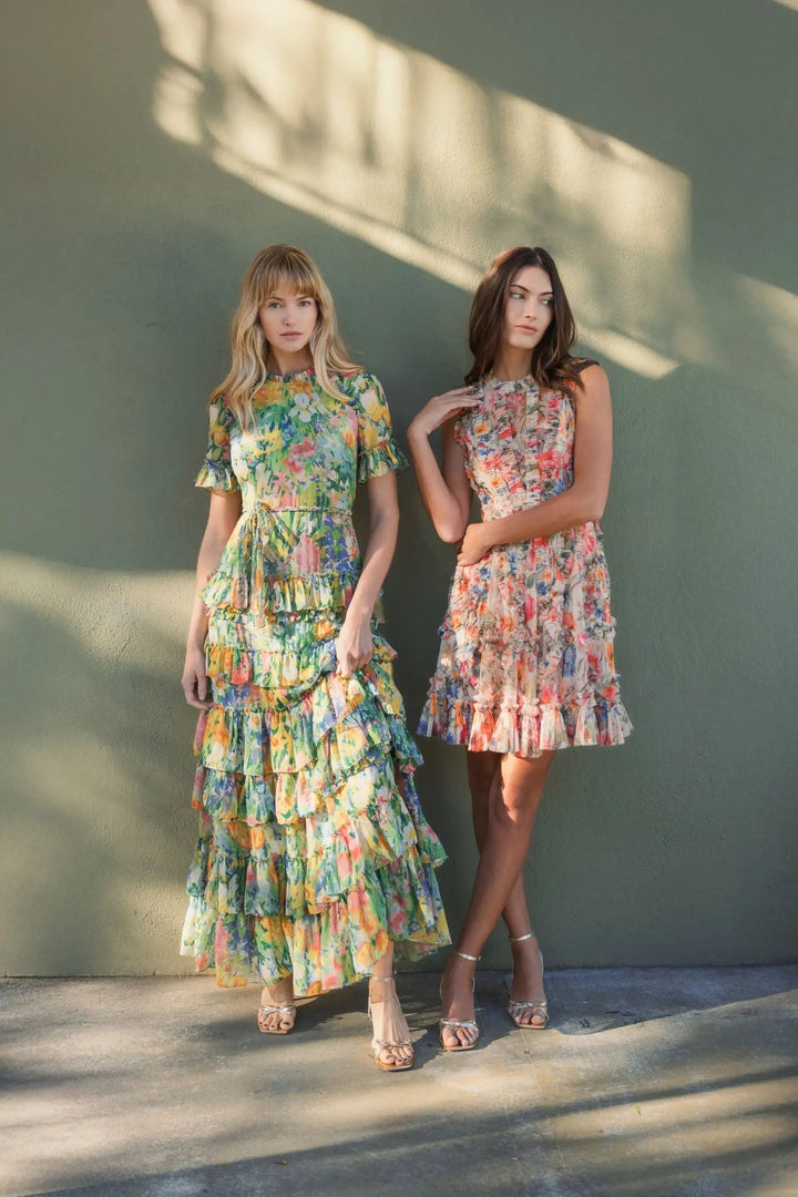Multicolor Micro Ruffle Floral A-Line Mini Dress - FOSTANI.com