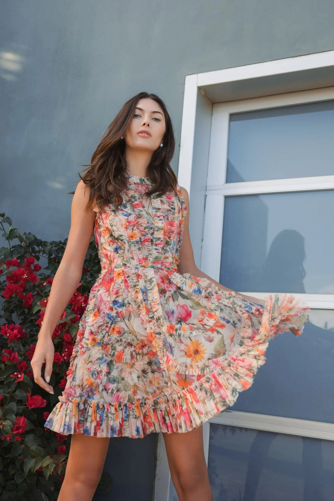 Multicolor Micro Ruffle Floral A-Line Mini Dress - FOSTANI.com