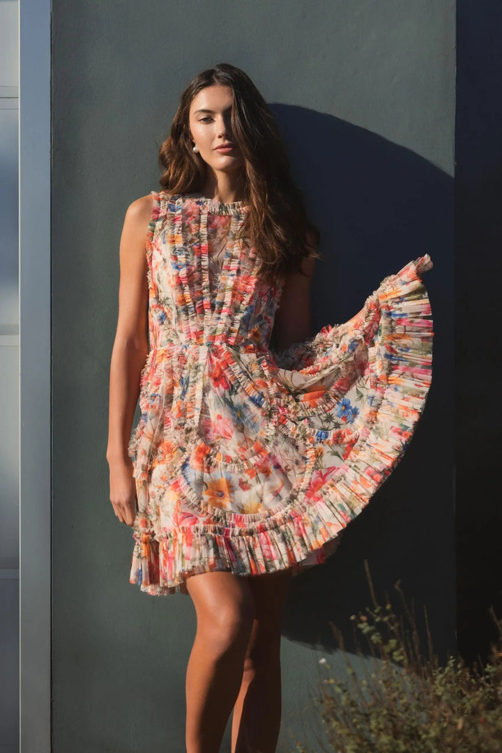 Multicolor Micro Ruffle Floral A-Line Mini Dress - FOSTANI.com