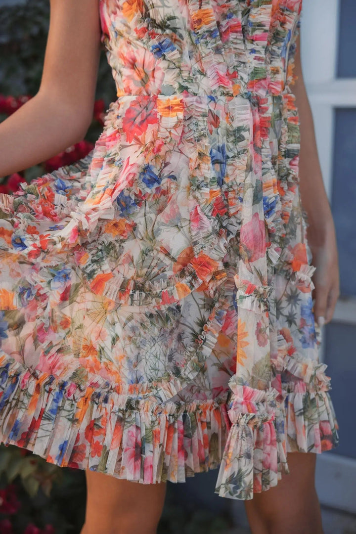Multicolor Micro Ruffle Floral A-Line Mini Dress - FOSTANI.com