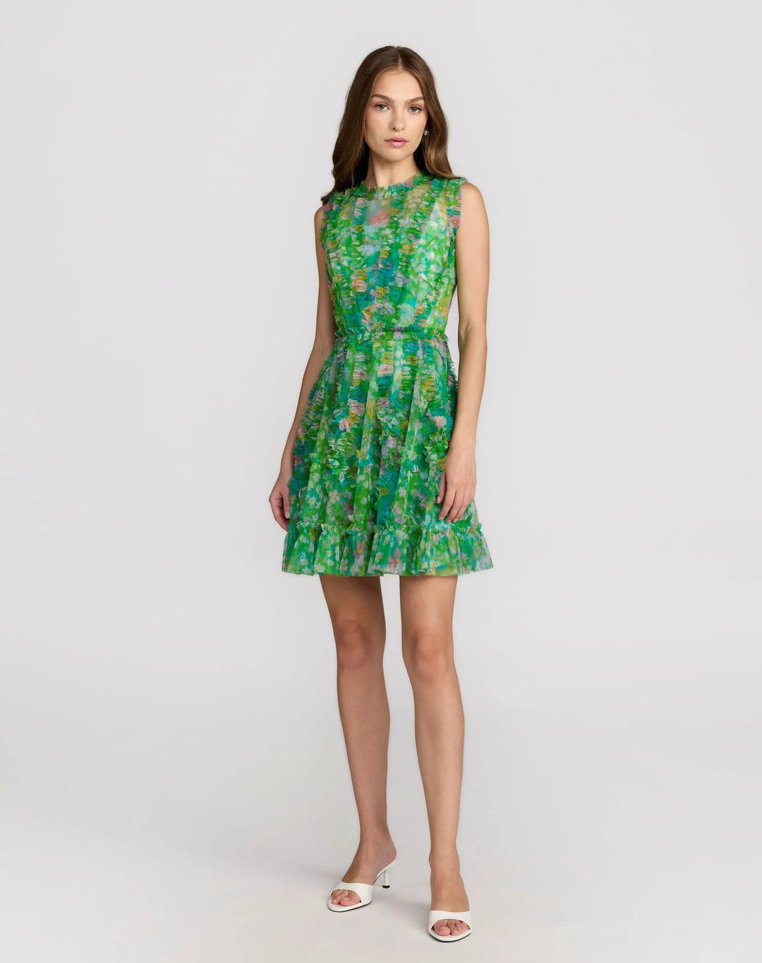 Green Multicolor Micro Ruffle Floral A-Line Mini Dress - FOSTANI.com