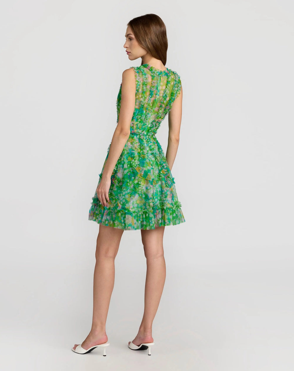 Green Multicolor Micro Ruffle Floral A-Line Mini Dress - FOSTANI.com