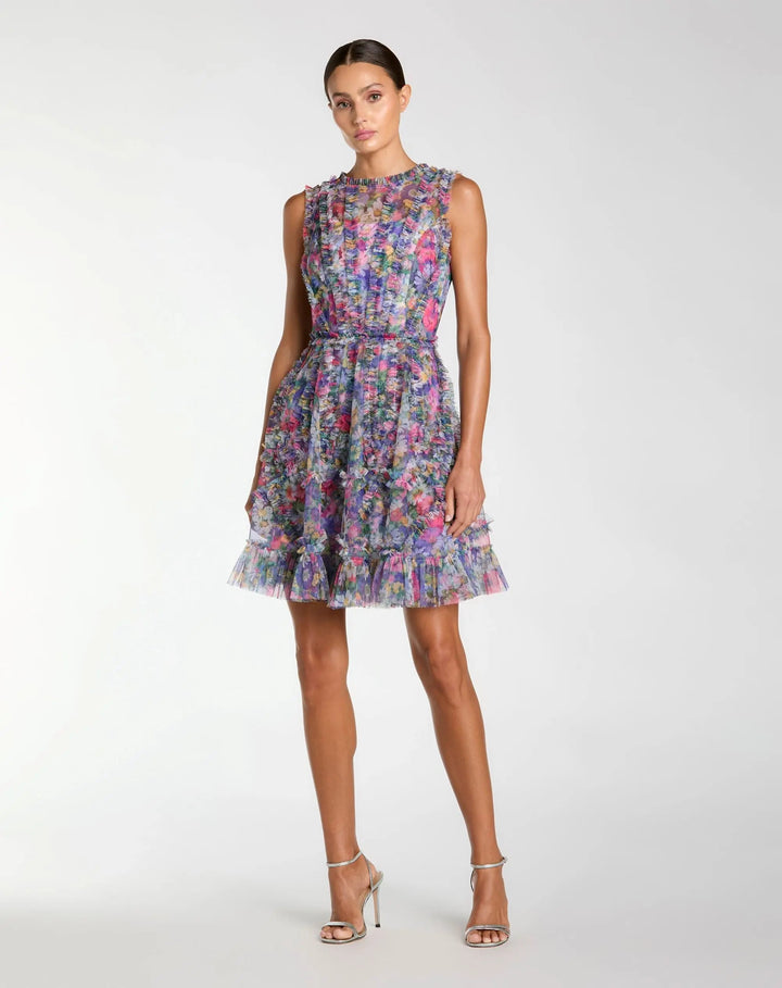 Purple Multicolor Micro Ruffle Floral A-Line Mini Dress - FOSTANI.com