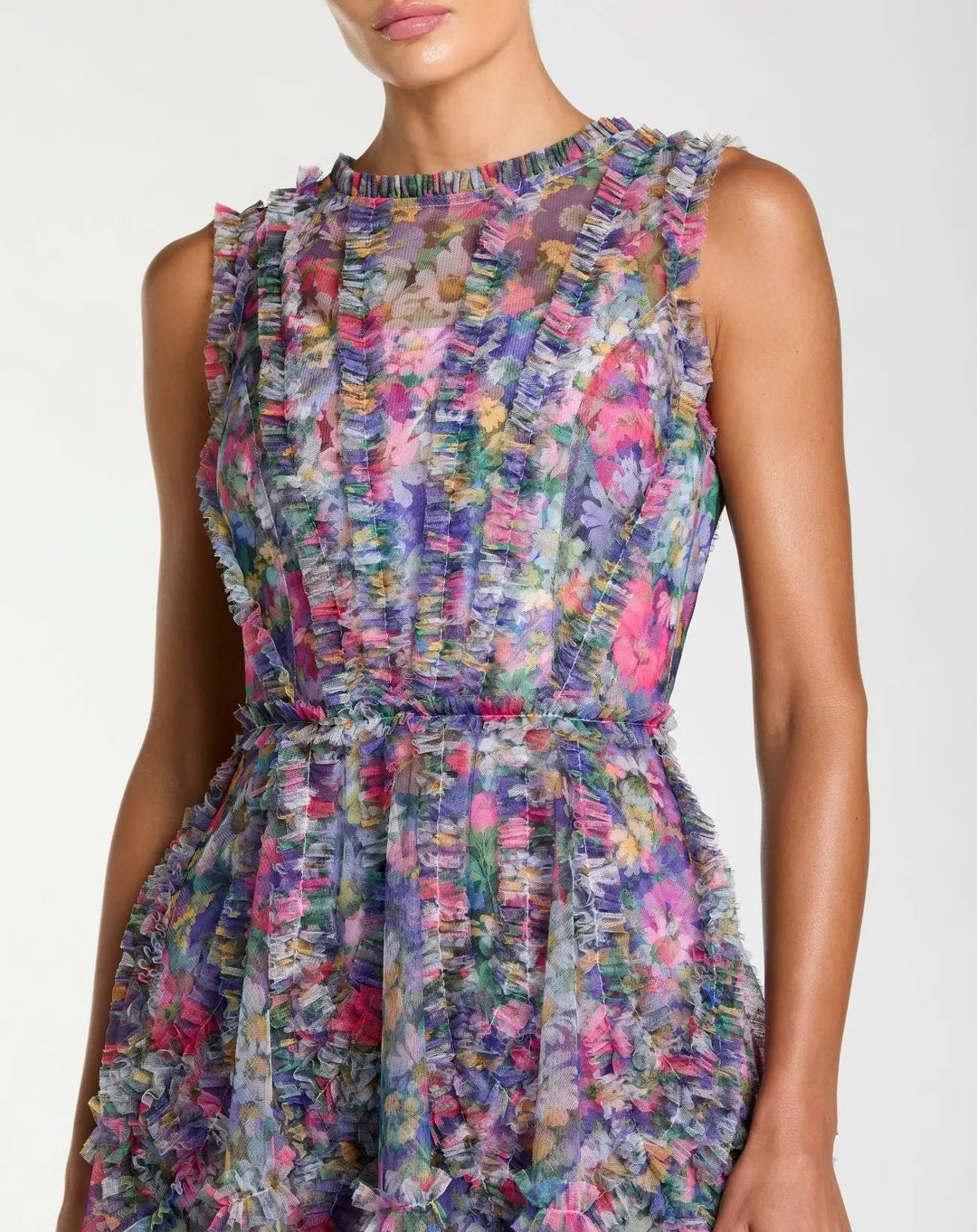 Purple Multicolor Micro Ruffle Floral A-Line Mini Dress - FOSTANI.com