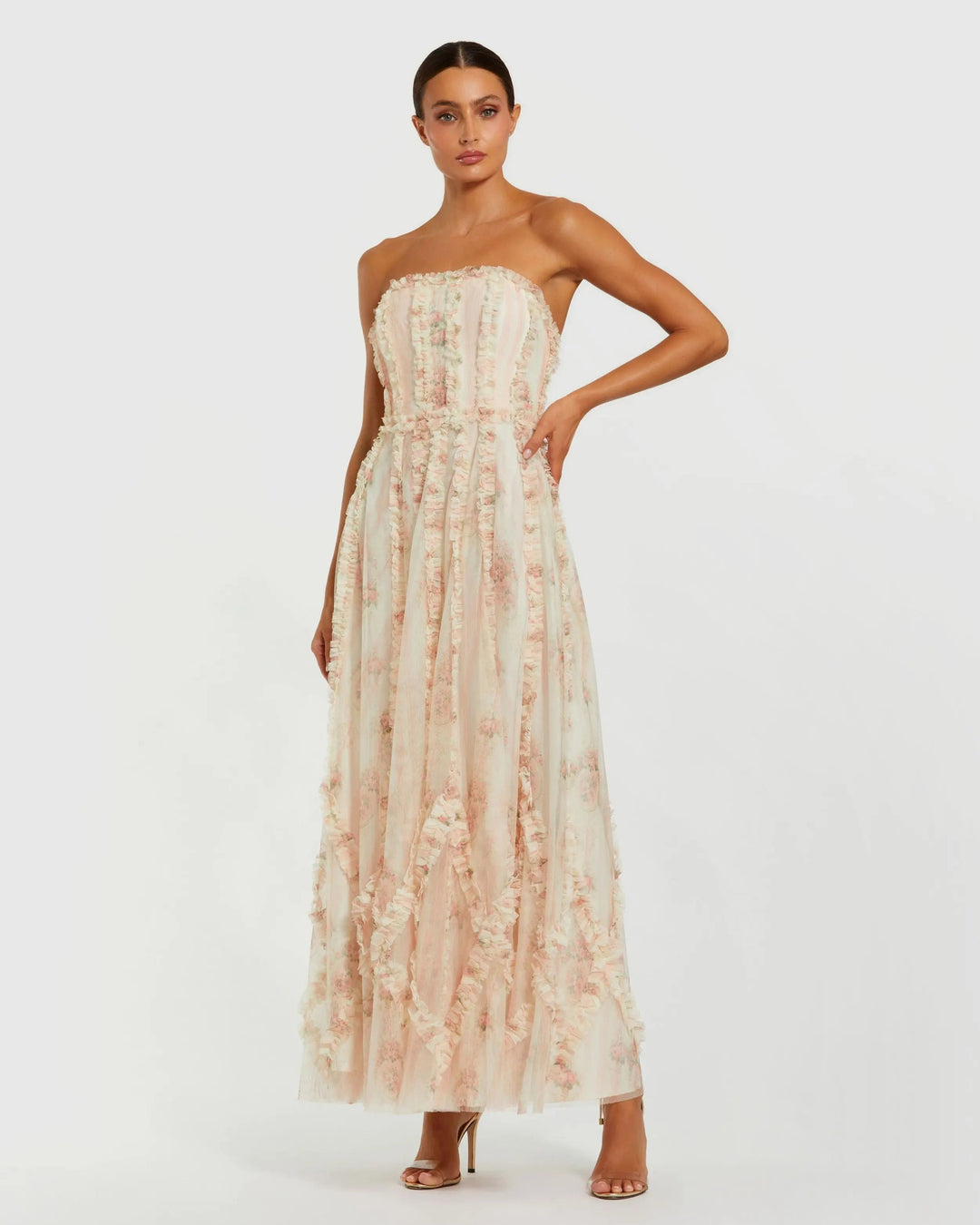 Pink and White Strapless Floral Ruffle Dress - FOSTANI.com