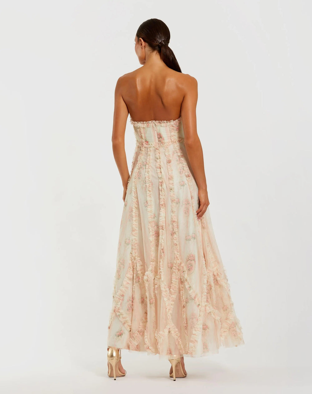 Pink and White Strapless Floral Ruffle Dress - FOSTANI.com