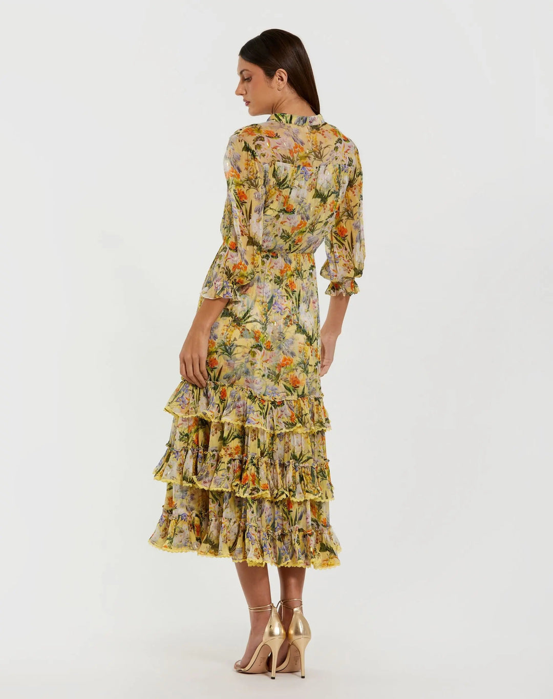 Yellow Floral V Neck Ruffle Midi Dress With 3/4 Sleeves - FOSTANI.com