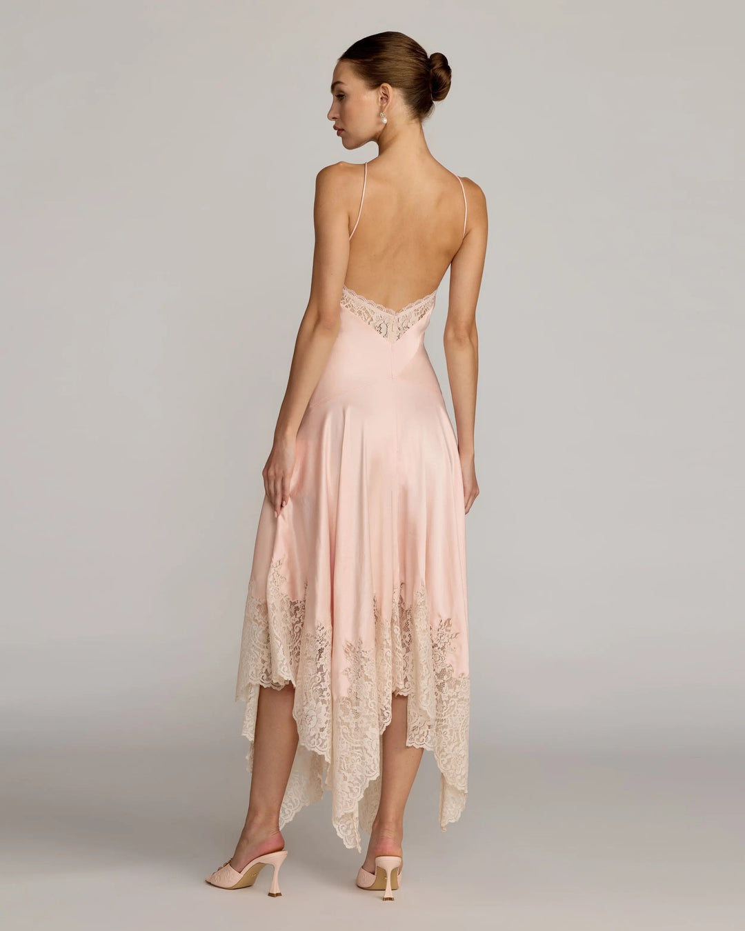 Light Pink Lace Trim Handkerchief Midi Dress - FOSTANI.com