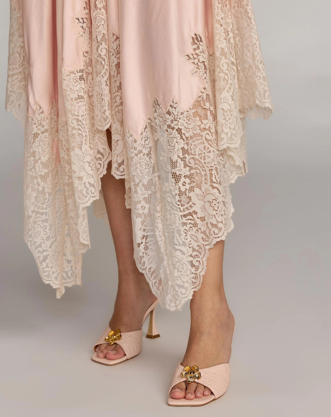 Light Pink Lace Trim Handkerchief Midi Dress - FOSTANI.com