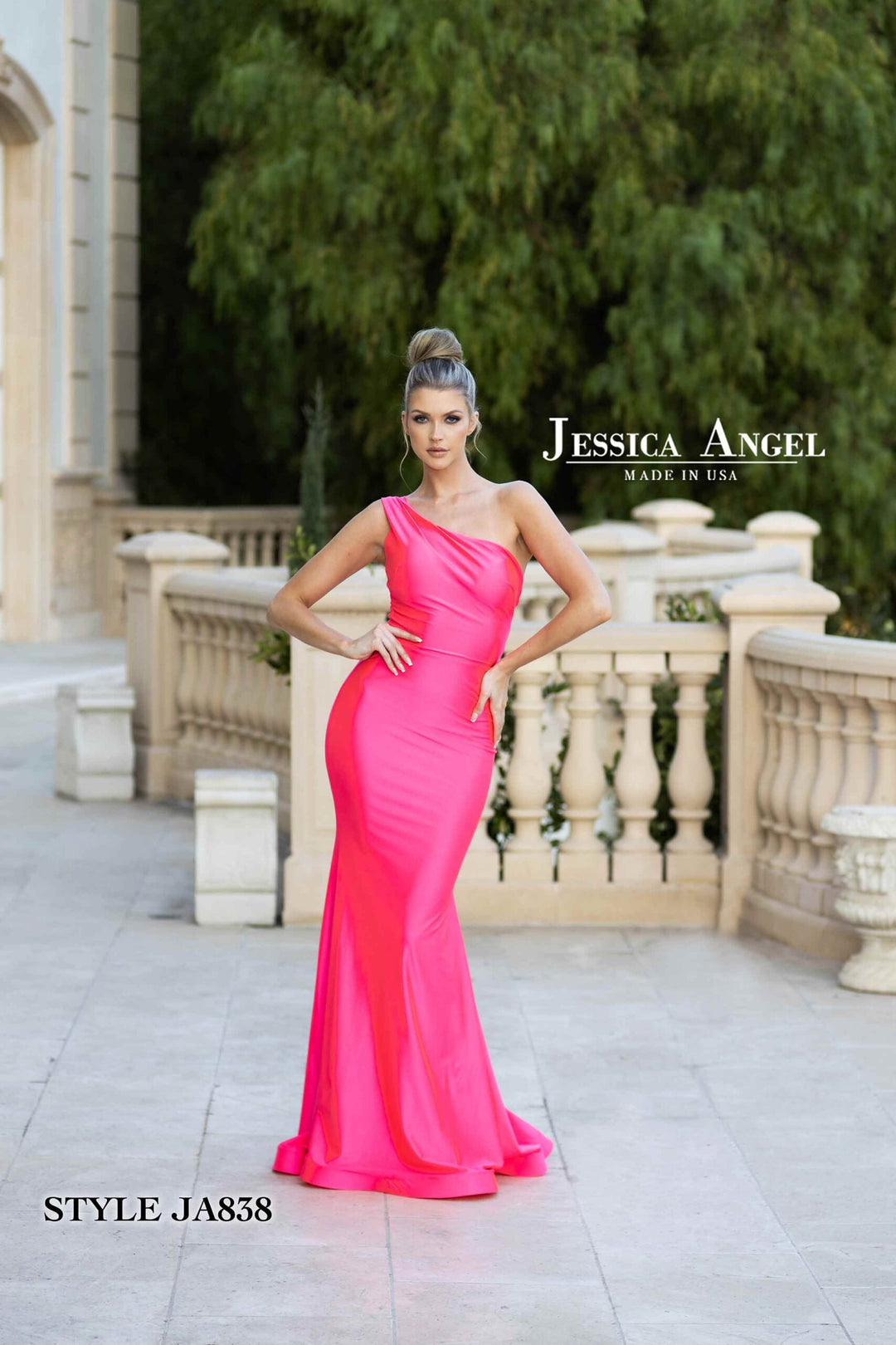 Jessica Angel 838 asymmetric one shoulder gown front view