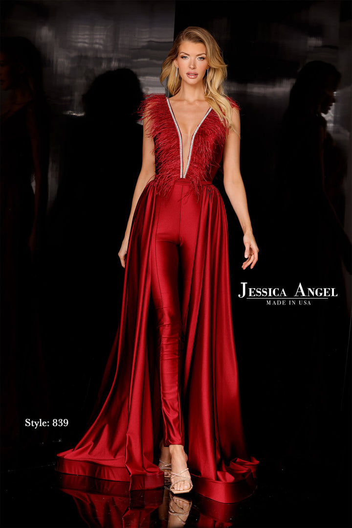 Jessica Angel 839 feather trim jumpsuit with overskirt front view