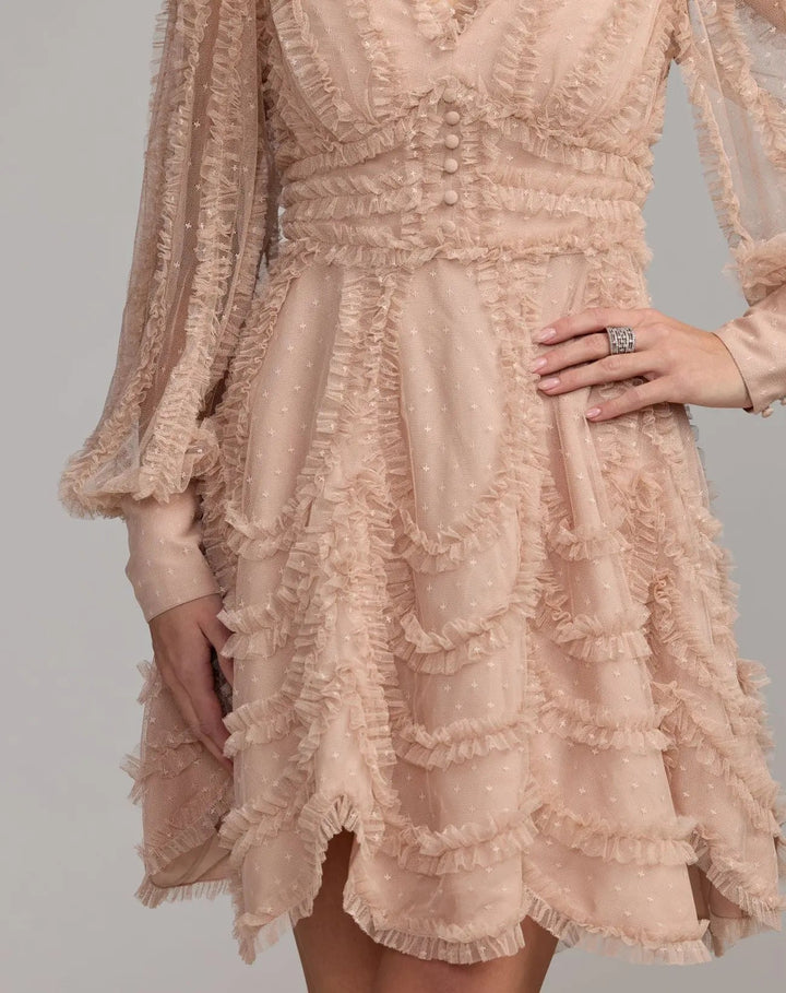 Mac Duggal 8392 Beige Long Sleeve Micro Ruffle V Neck Mini Dress - FOSTANI.com