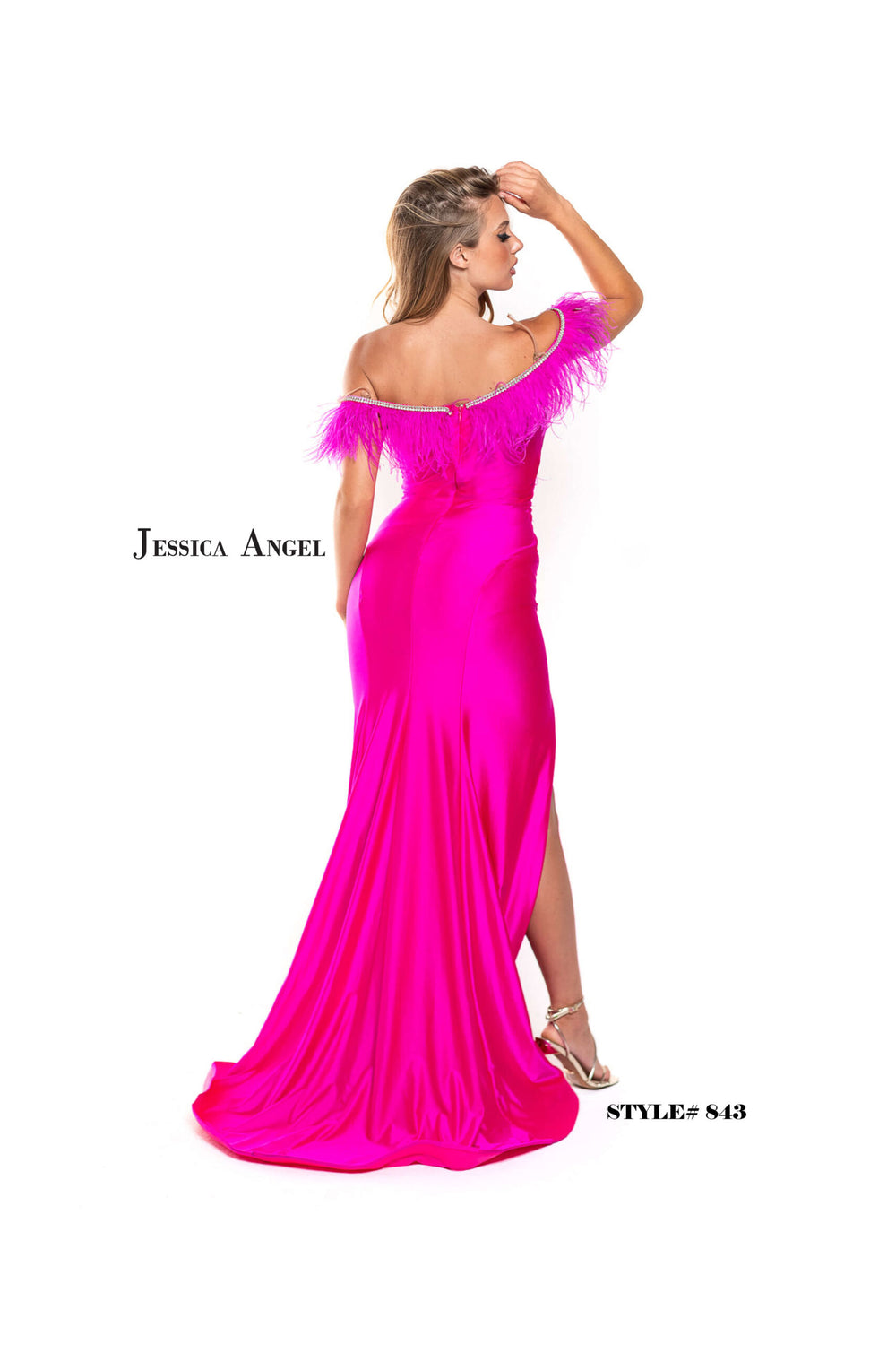 Jessica Angel 843 off shoulder feather trim gown back view