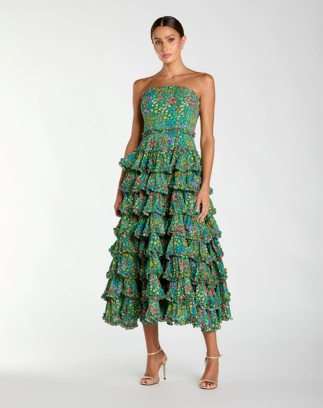 Green Strapless Floral Cotton Ruffle Midi Dress - FOSTANI.com